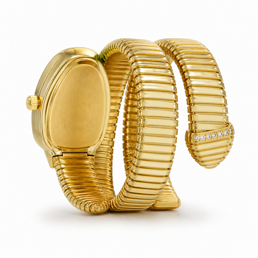Luxe Serpentine Gold Wrap Bracelet Watch – Crystal Bezel & Black Dial
