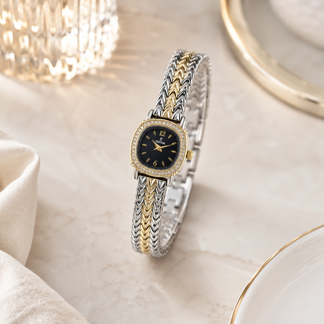 Festina Black Dial Crystal Chevron Watch
