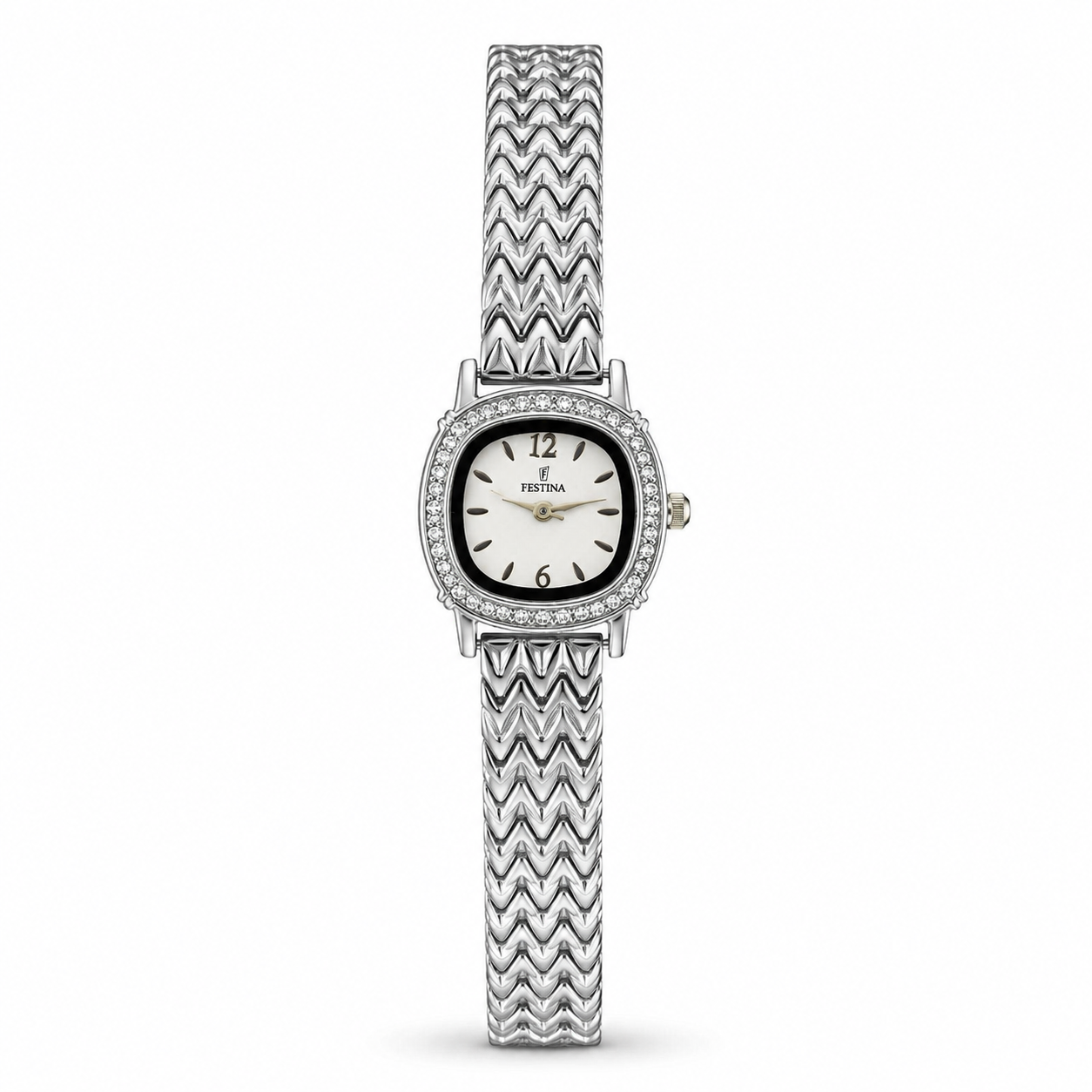 Festina Silver-Tone Crystal Chevron Bracelet Watch – White Dial
