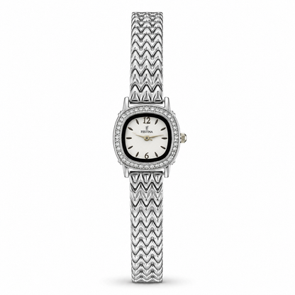 Festina Silver-Tone Crystal Chevron Bracelet Watch – White Dial