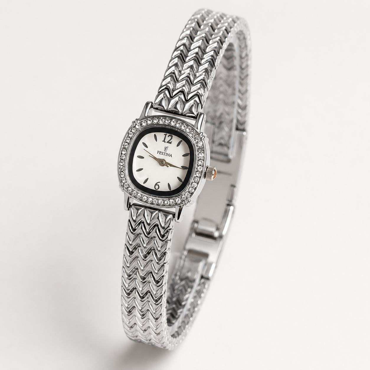 Festina Silver-Tone Crystal Chevron Bracelet Watch – White Dial