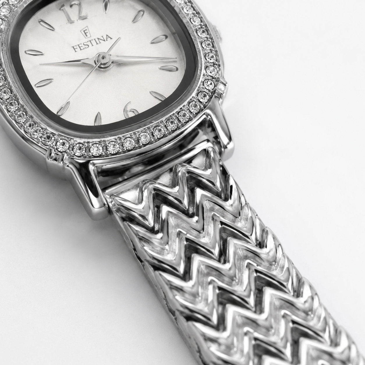 Festina Silver-Tone Crystal Chevron Bracelet Watch – White Dial
