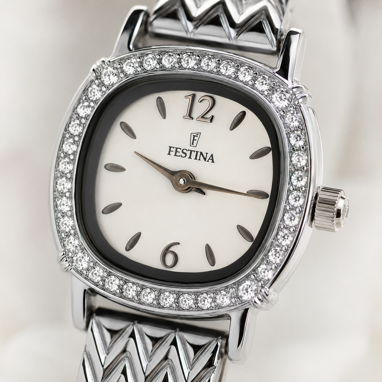 Festina Silver-Tone Crystal Chevron Bracelet Watch – White Dial