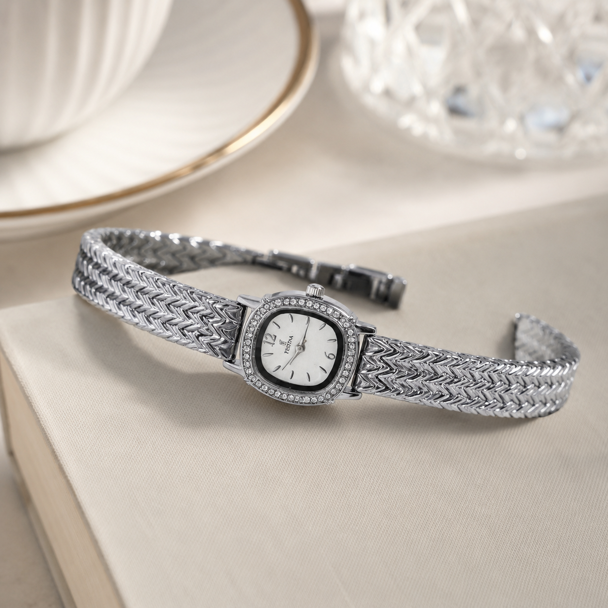 Festina Silver-Tone Crystal Chevron Bracelet Watch – White Dial
