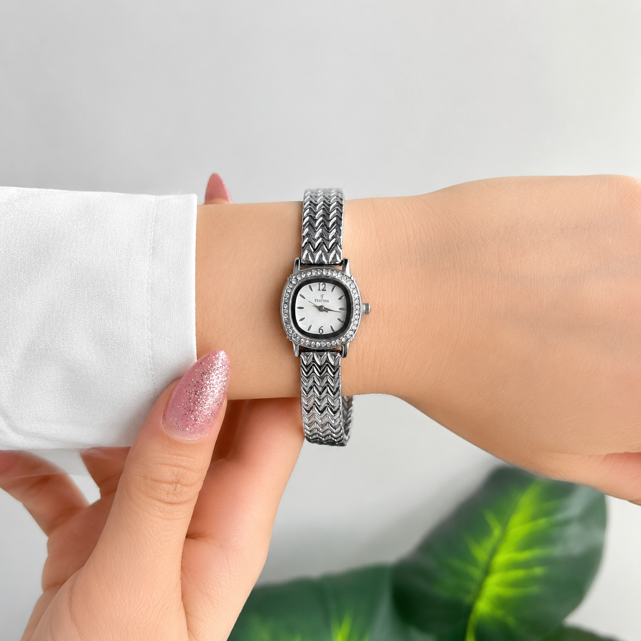 Festina Silver-Tone Crystal Chevron Bracelet Watch – White Dial