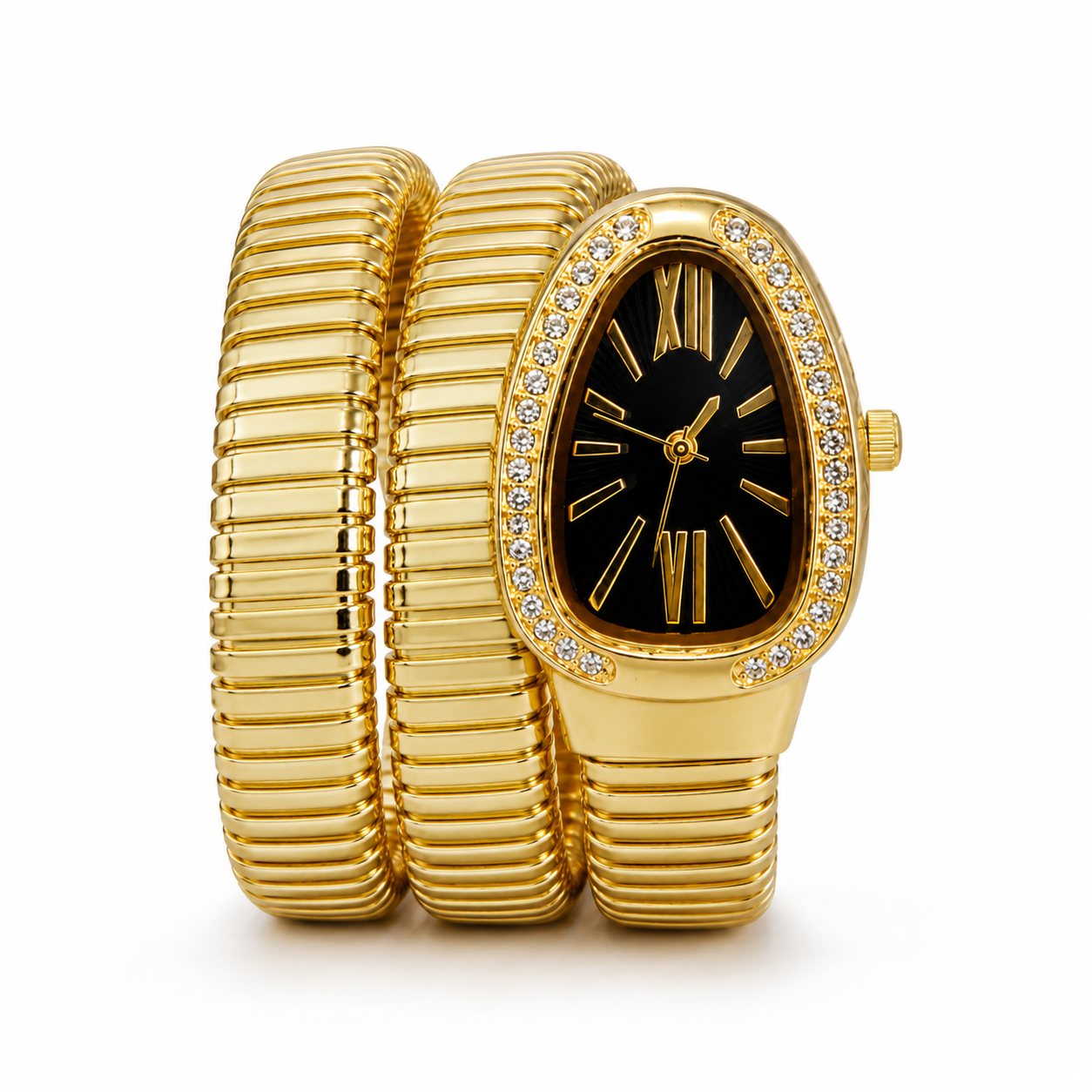 Luxe Serpentine Gold Wrap Bracelet Watch – Crystal Bezel & Black Dial