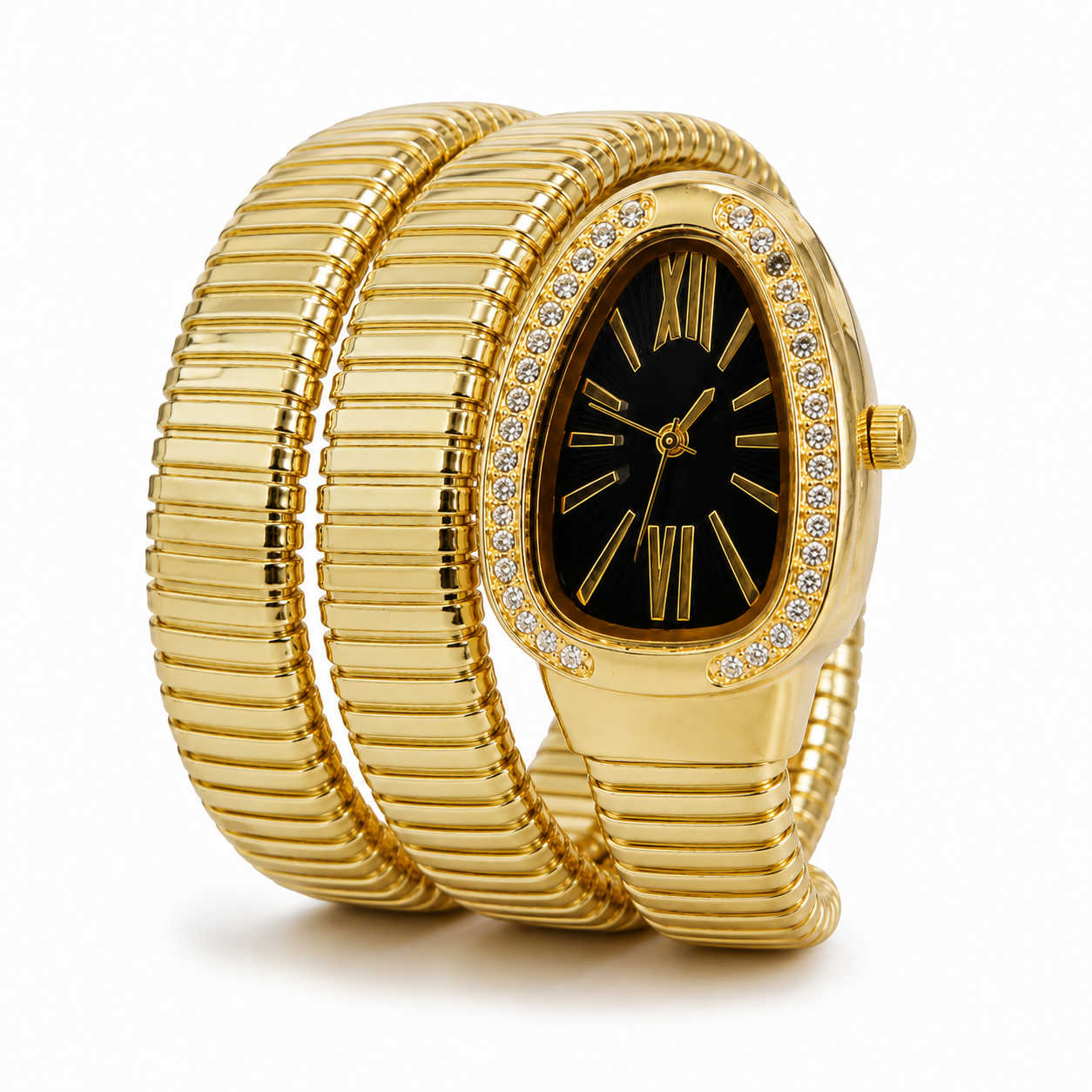 Luxe Serpentine Gold Wrap Bracelet Watch – Crystal Bezel & Black Dial
