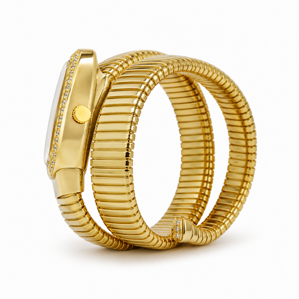 Luxe Serpentine Gold Wrap Bracelet Watch – Crystal Bezel & Black Dial