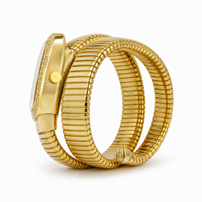 Luxe Serpentine Gold Wrap Bracelet Watch – Crystal Bezel & Black Dial
