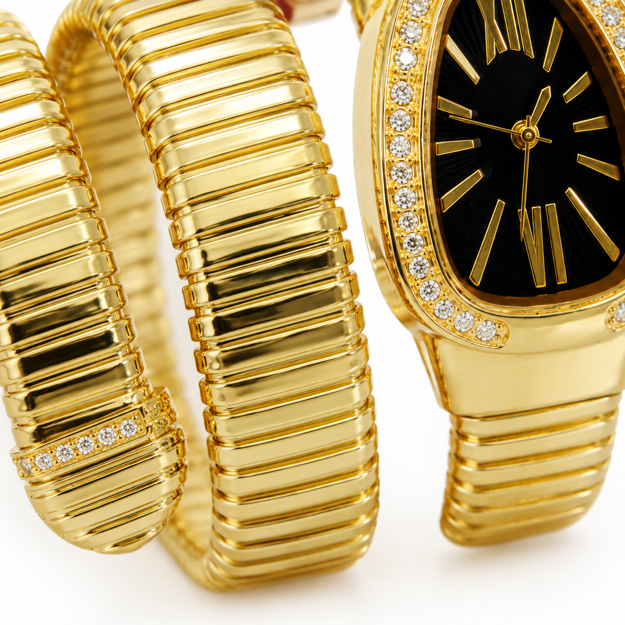 Luxe Serpentine Gold Wrap Bracelet Watch – Crystal Bezel & Black Dial