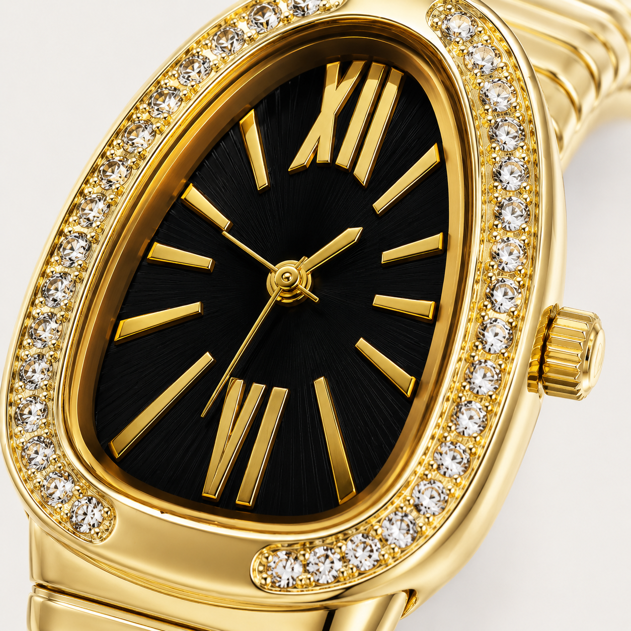 Luxe Serpentine Gold Wrap Bracelet Watch – Crystal Bezel & Black Dial
