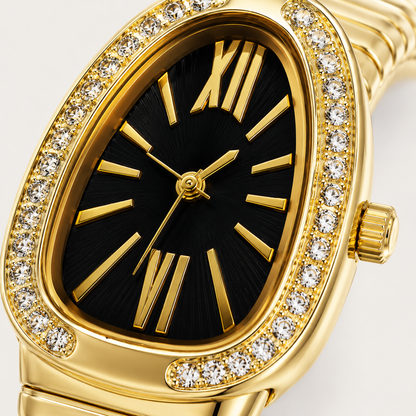Luxe Serpentine Gold Wrap Bracelet Watch – Crystal Bezel & Black Dial