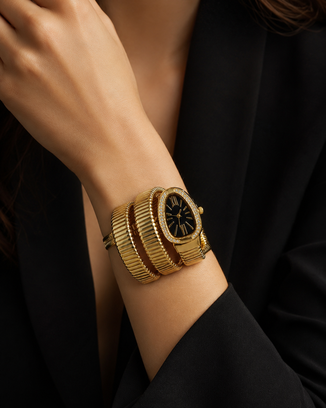 Luxe Serpentine Gold Wrap Bracelet Watch – Crystal Bezel & Black Dial