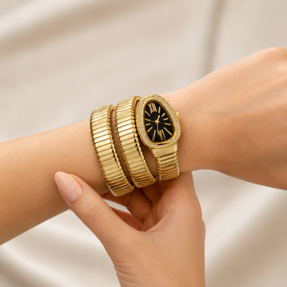 Luxe Serpentine Gold Wrap Bracelet Watch – Crystal Bezel & Black Dial