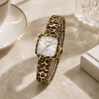 Guess Women's Leopard Print Gold-Tone Analog Watch